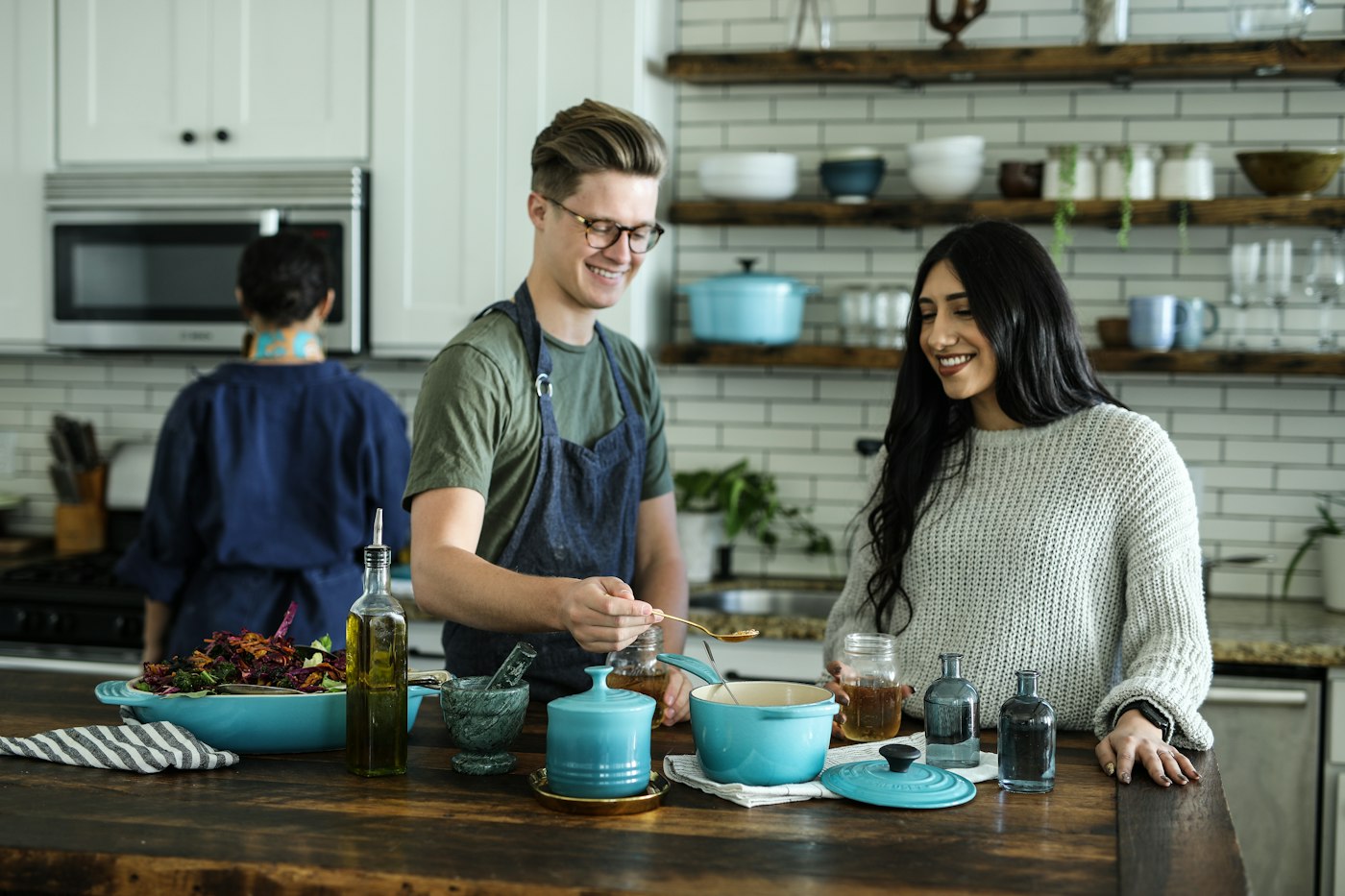 A bright kitchen counter prepared for cooking